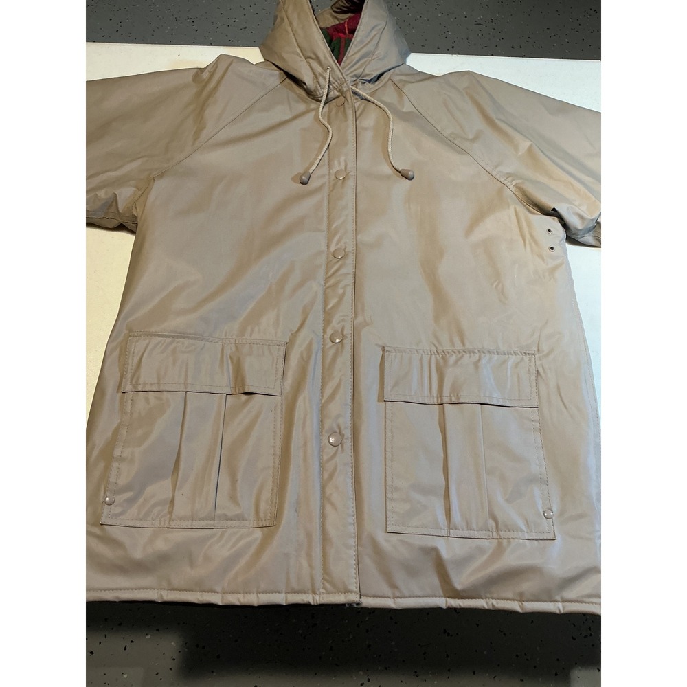 Sailmaker‎ Outerwear Mens Hooded Rain Jacket Tan Plaid Lined PVC Coat Size M